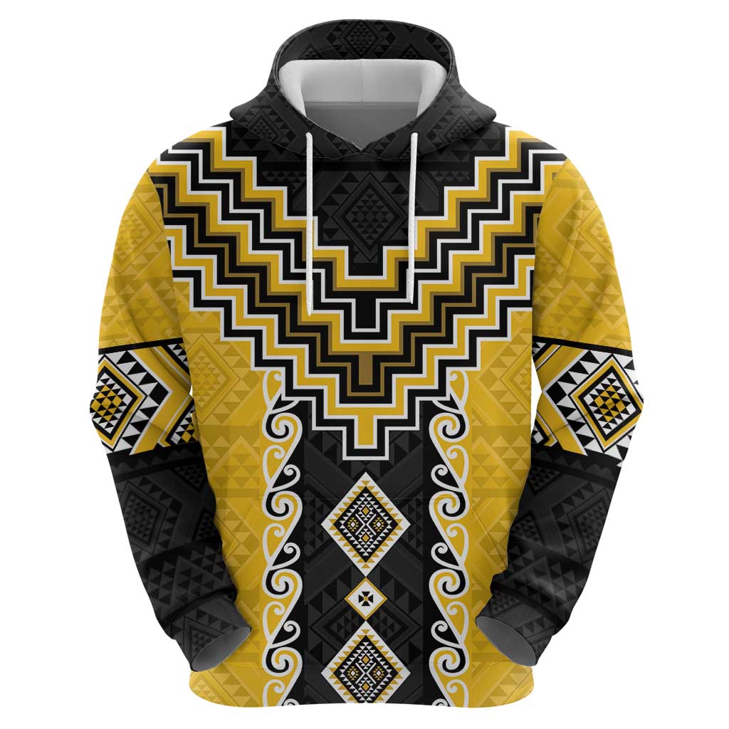 Yellow Niho Taniwha Mix Poutama Hoodie Unique Taniko Aotearoa