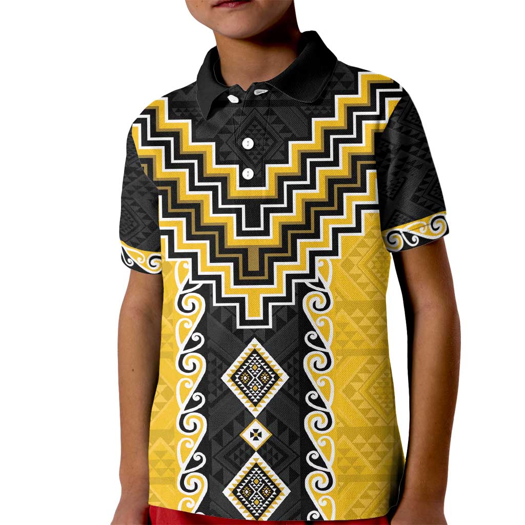 Yellow Niho Taniwha Mix Poutama Kid Polo Shirt Unique Taniko Aotearoa