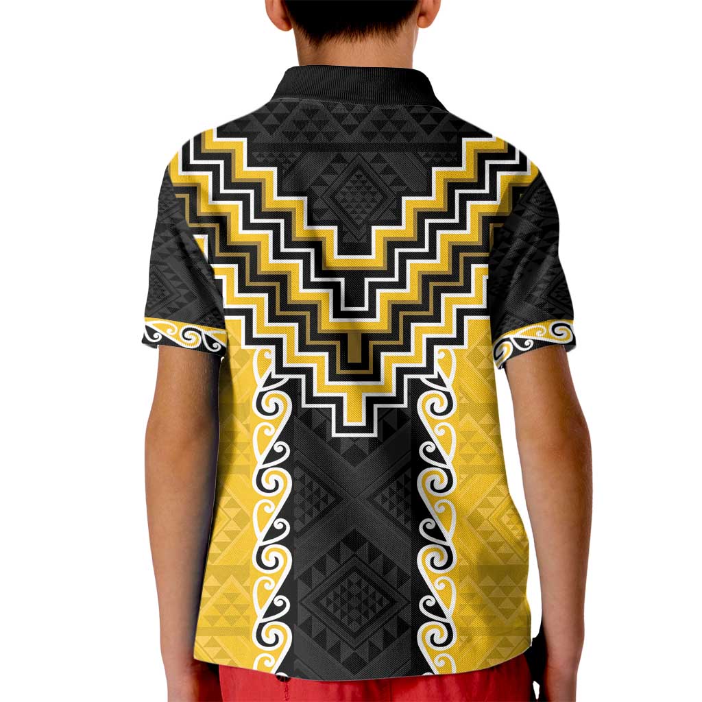 Yellow Niho Taniwha Mix Poutama Kid Polo Shirt Unique Taniko Aotearoa