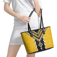 Yellow Niho Taniwha Mix Poutama Leather Tote Bag Unique Taniko Aotearoa