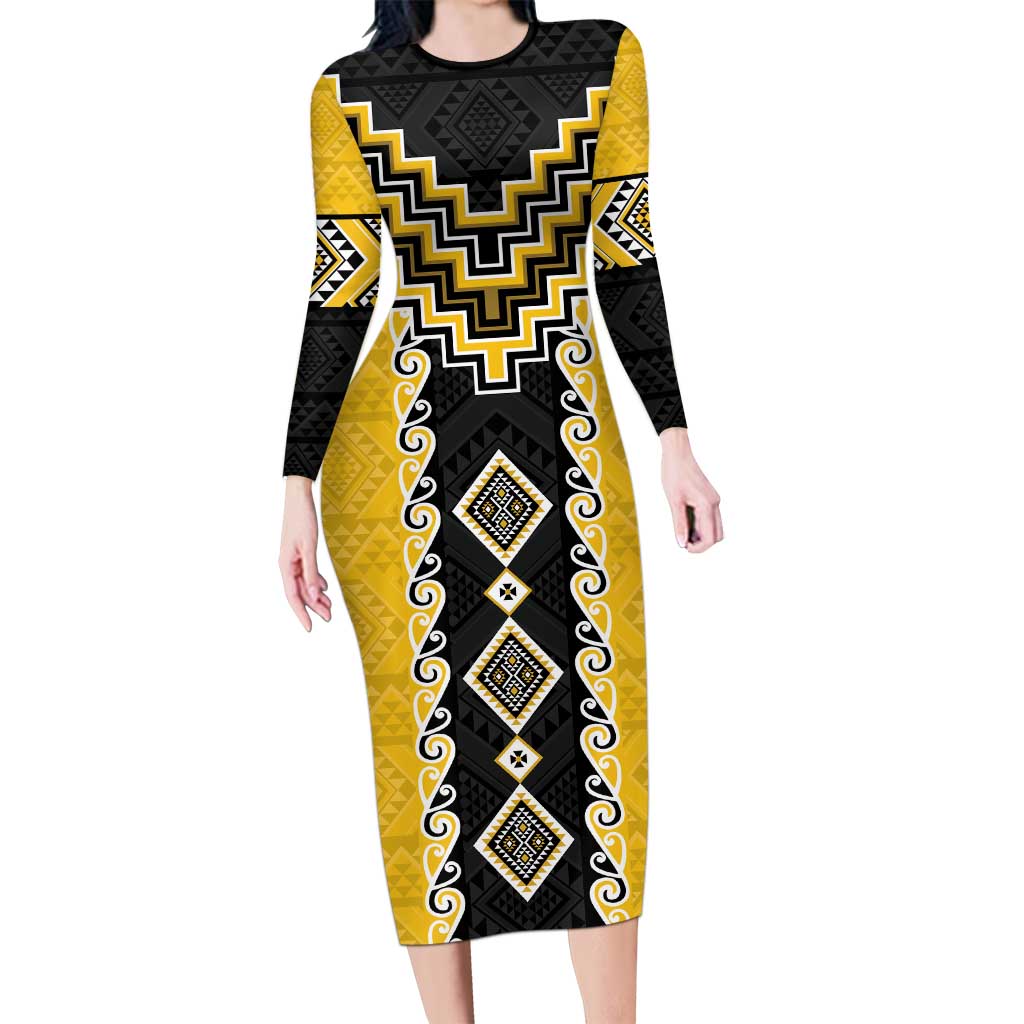 Yellow Niho Taniwha Mix Poutama Long Sleeve Bodycon Dress Unique Taniko Aotearoa