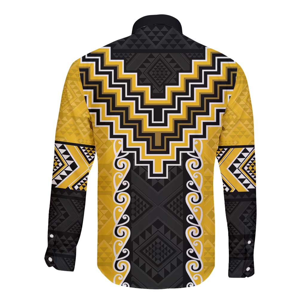 Yellow Niho Taniwha Mix Poutama Long Sleeve Button Shirt Unique Taniko Aotearoa