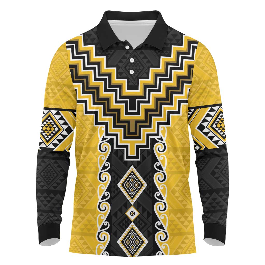Yellow Niho Taniwha Mix Poutama Long Sleeve Polo Shirt Unique Taniko Aotearoa