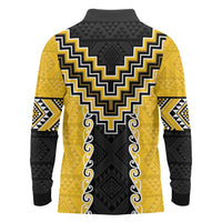 Yellow Niho Taniwha Mix Poutama Long Sleeve Polo Shirt Unique Taniko Aotearoa