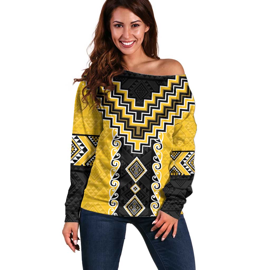 Yellow Niho Taniwha Mix Poutama Off Shoulder Sweater Unique Taniko Aotearoa LT01 Women Yellow - Polynesian Pride
