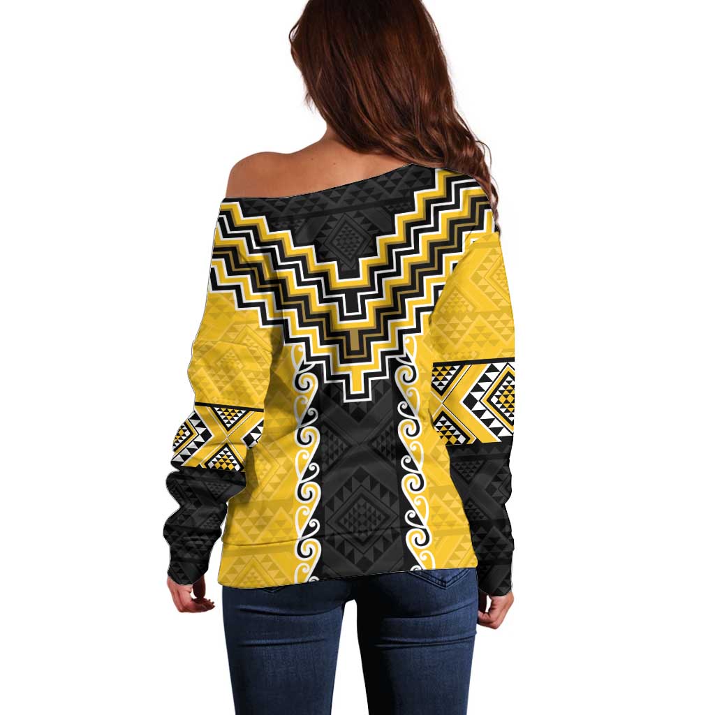 Yellow Niho Taniwha Mix Poutama Off Shoulder Sweater Unique Taniko Aotearoa