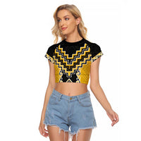 Yellow Niho Taniwha Mix Poutama Raglan Cropped T Shirt Unique Taniko Aotearoa