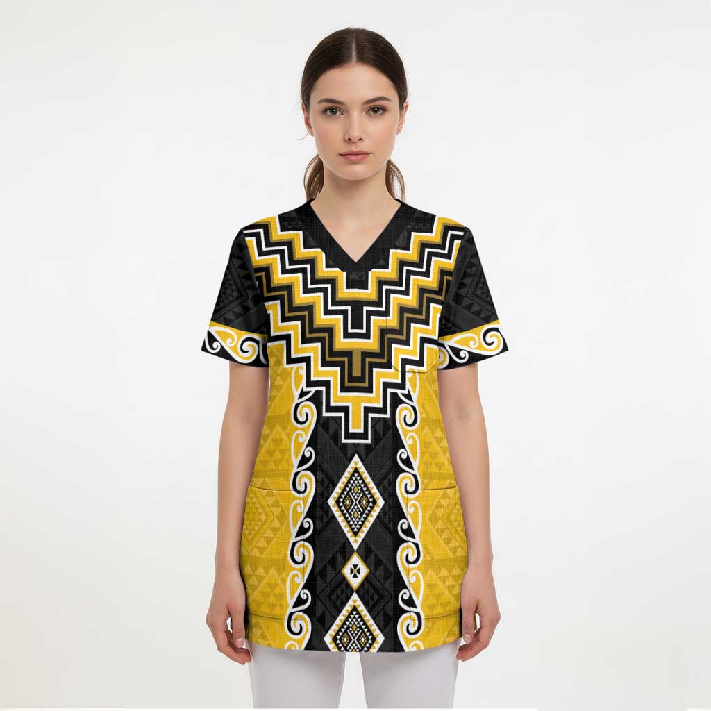 Yellow Niho Taniwha Mix Poutama Scrub Top Unique Taniko Aotearoa - Polynesian Pride