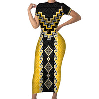 Yellow Niho Taniwha Mix Poutama Short Sleeve Bodycon Dress Unique Taniko Aotearoa