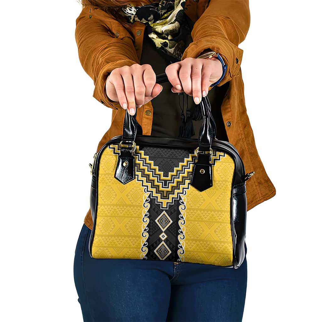 Yellow Niho Taniwha Mix Poutama Shoulder Handbag Unique Taniko Aotearoa LT01 One Size Yellow - Polynesian Pride