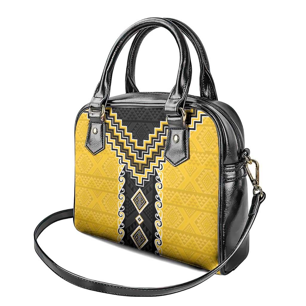 Yellow Niho Taniwha Mix Poutama Shoulder Handbag Unique Taniko Aotearoa