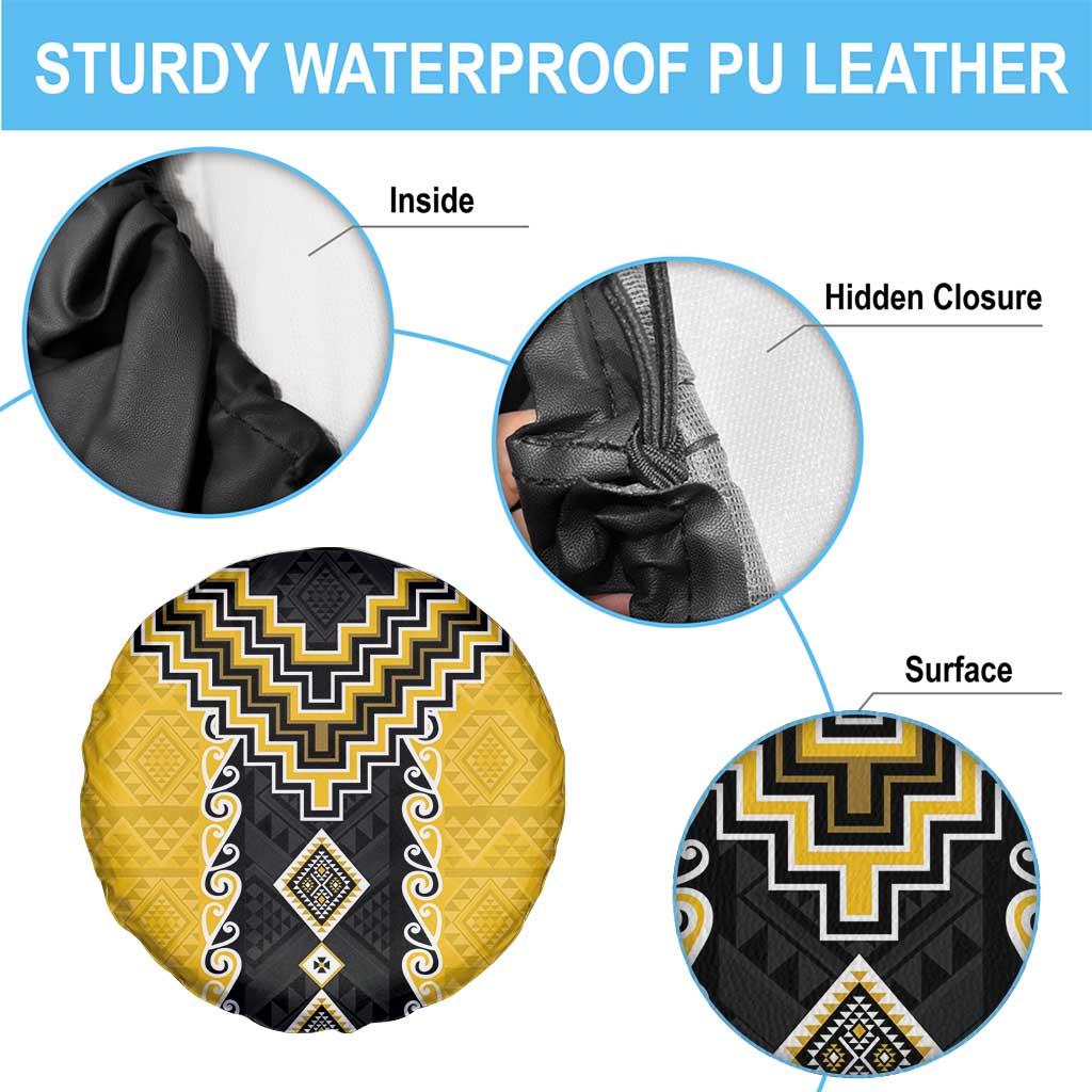 Yellow Niho Taniwha Mix Poutama Spare Tire Cover Unique Taniko Aotearoa