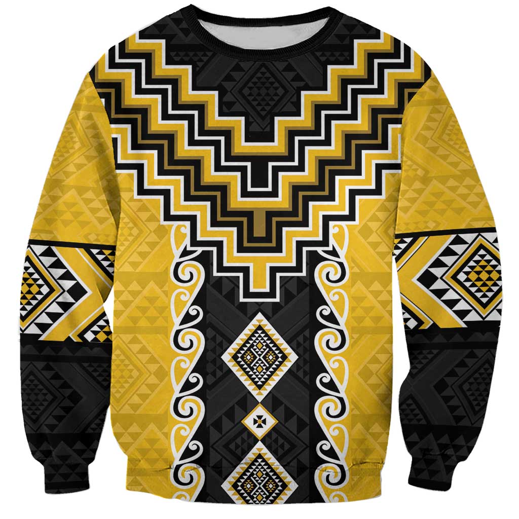 Yellow Niho Taniwha Mix Poutama Sweatshirt Unique Taniko Aotearoa