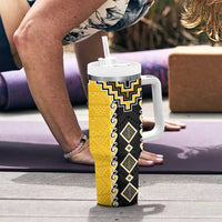 Yellow Niho Taniwha Mix Poutama Tumbler With Handle Unique Taniko Aotearoa