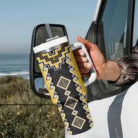 Yellow Niho Taniwha Mix Poutama Tumbler With Handle Unique Taniko Aotearoa