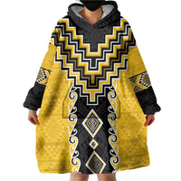 Yellow Niho Taniwha Mix Poutama Wearable Blanket Hoodie Unique Taniko Aotearoa