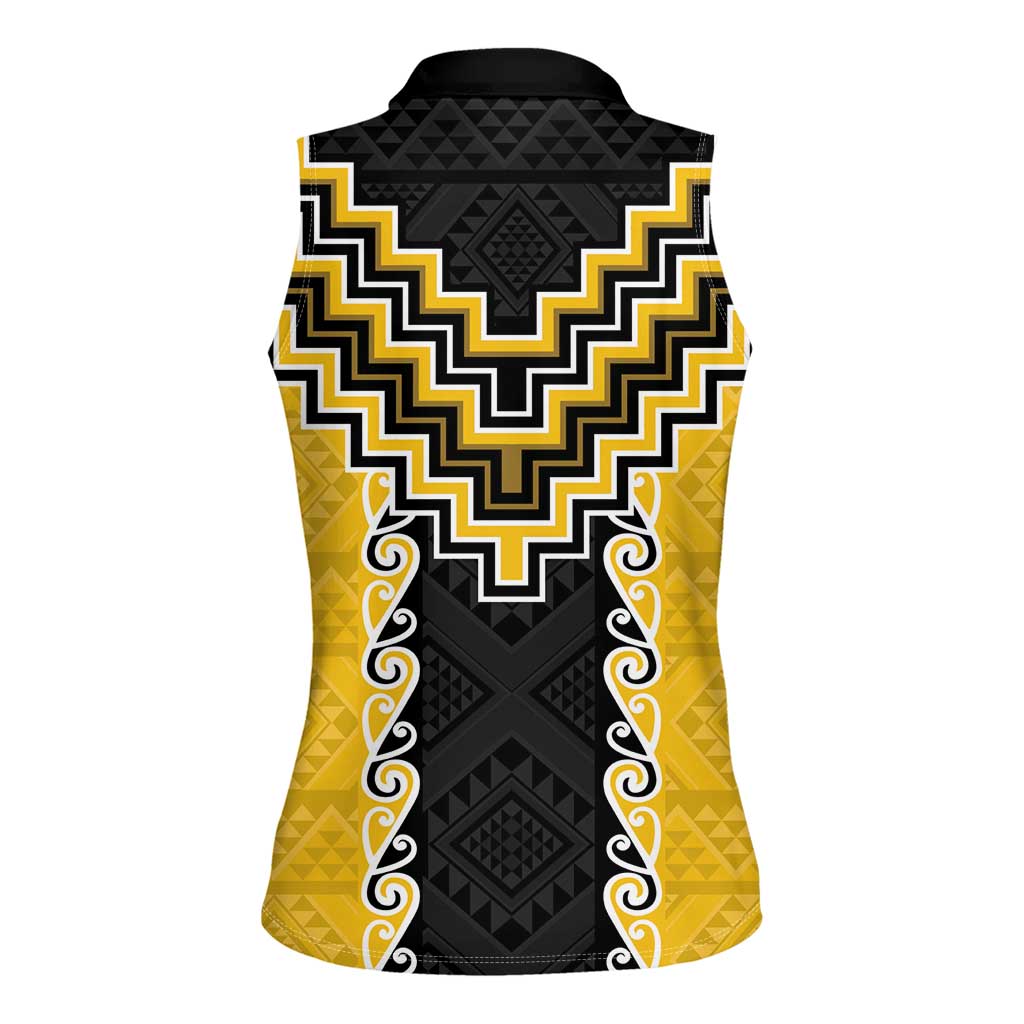 Yellow Niho Taniwha Mix Poutama Women Sleeveless Polo Shirt Unique Taniko Aotearoa