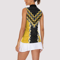 Yellow Niho Taniwha Mix Poutama Women Sleeveless Polo Shirt Unique Taniko Aotearoa