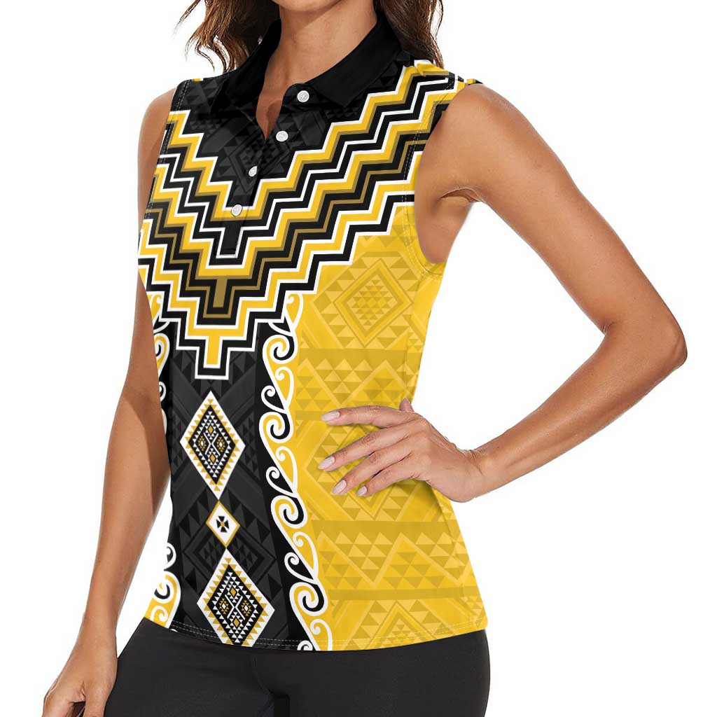 Yellow Niho Taniwha Mix Poutama Women Sleeveless Polo Shirt Unique Taniko Aotearoa