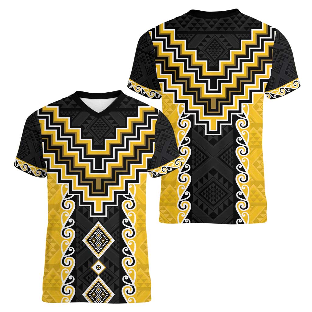 Yellow Niho Taniwha Mix Poutama Women V-Neck T-Shirt Unique Taniko Aotearoa