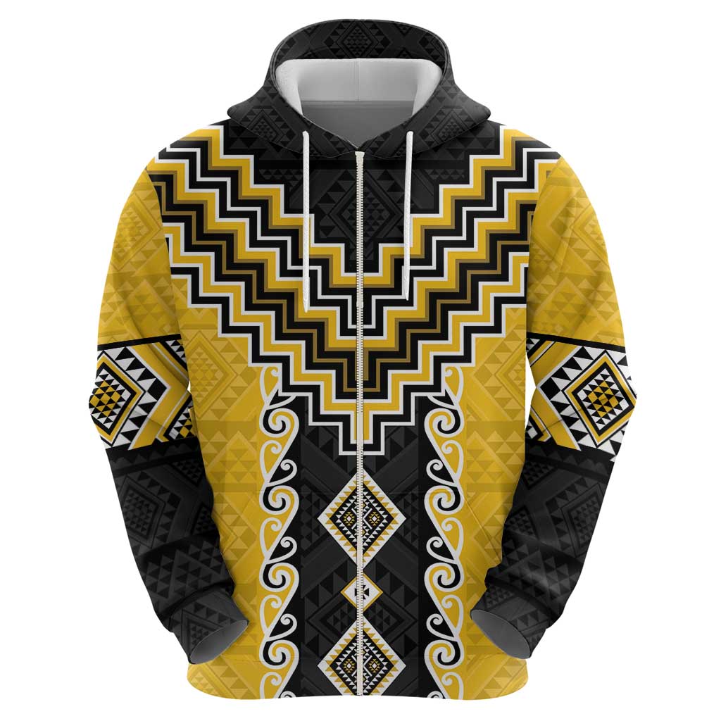 Yellow Niho Taniwha Mix Poutama Zip Hoodie Unique Taniko Aotearoa LT01 - Polynesian Pride