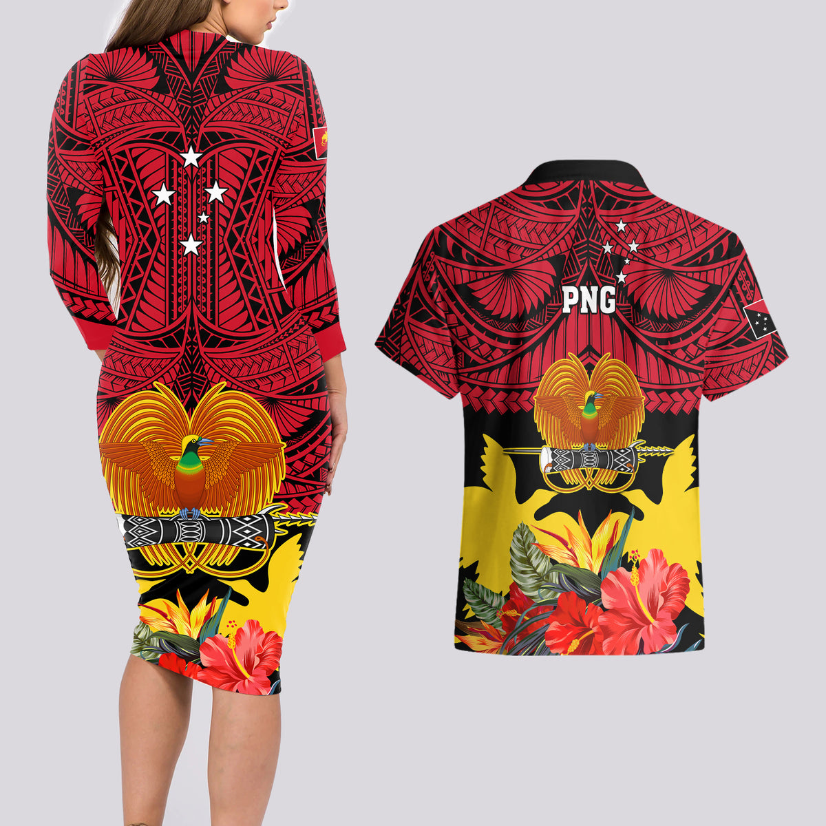 Papua New Guinea Couples Matching Long Sleeve Bodycon Dress and Hawaiian Shirt Bird Of Paradise Mix Polynesian Pattern LT01 - Polynesian Pride