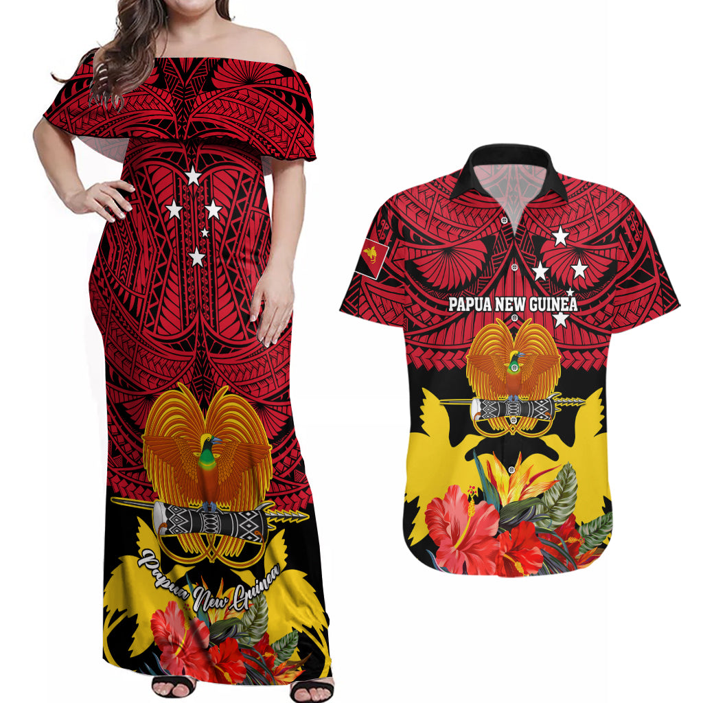 Papua New Guinea Couples Matching Off Shoulder Maxi Dress and Hawaiian Shirt Bird Of Paradise Mix Polynesian Pattern LT01 Red - Polynesian Pride