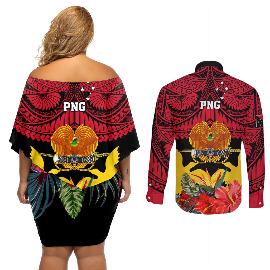Papua New Guinea Couples Matching Off Shoulder Short Dress and Long Sleeve Button Shirts Bird Of Paradise Mix Polynesian Pattern LT01 - Polynesian Pride