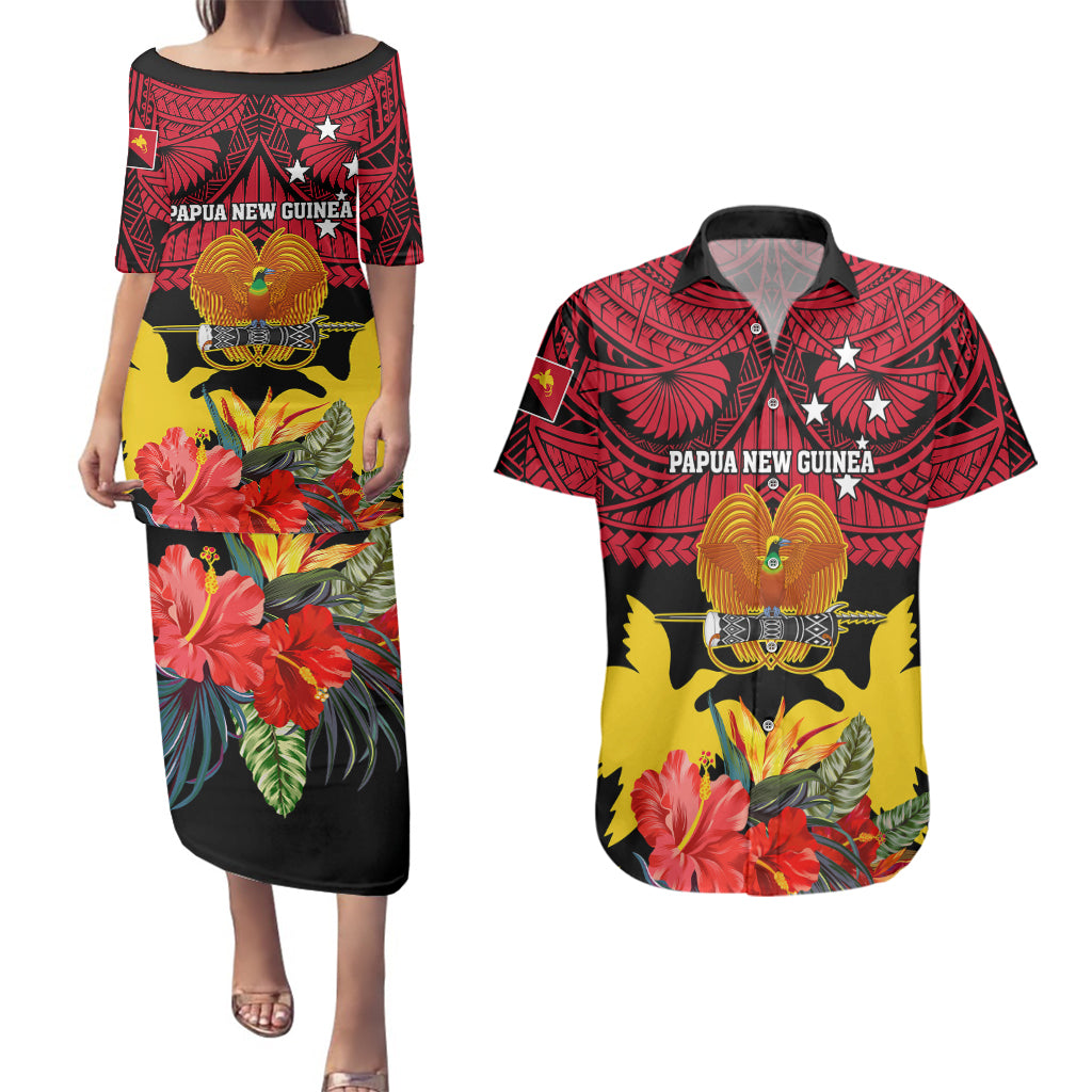Papua New Guinea Couples Matching Puletasi Dress and Hawaiian Shirt Bird Of Paradise Mix Polynesian Pattern LT01 Red - Polynesian Pride