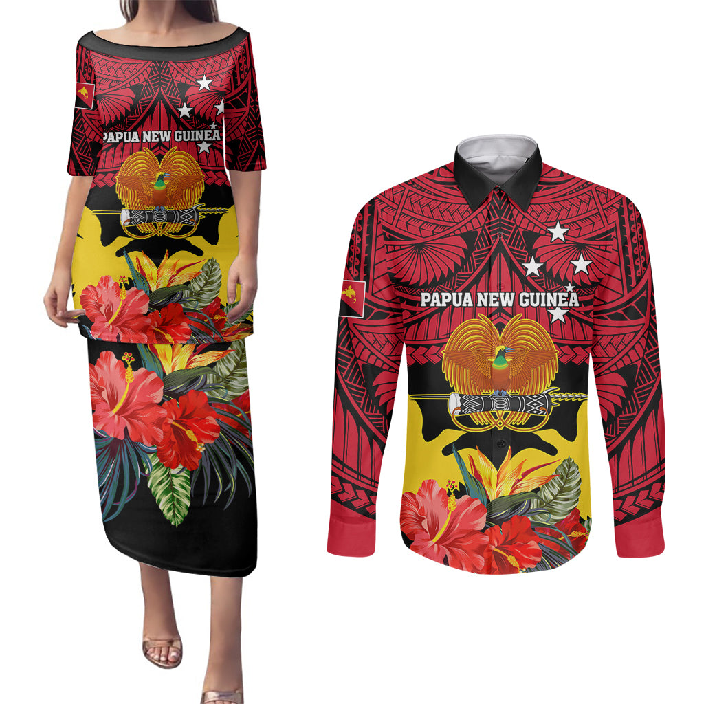 Papua New Guinea Couples Matching Puletasi Dress and Long Sleeve Button Shirts Bird Of Paradise Mix Polynesian Pattern LT01 Red - Polynesian Pride