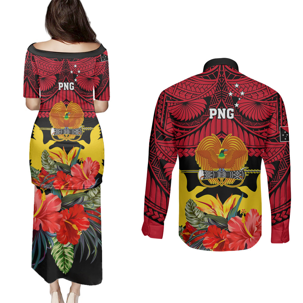 Papua New Guinea Couples Matching Puletasi Dress and Long Sleeve Button Shirts Bird Of Paradise Mix Polynesian Pattern LT01 - Polynesian Pride