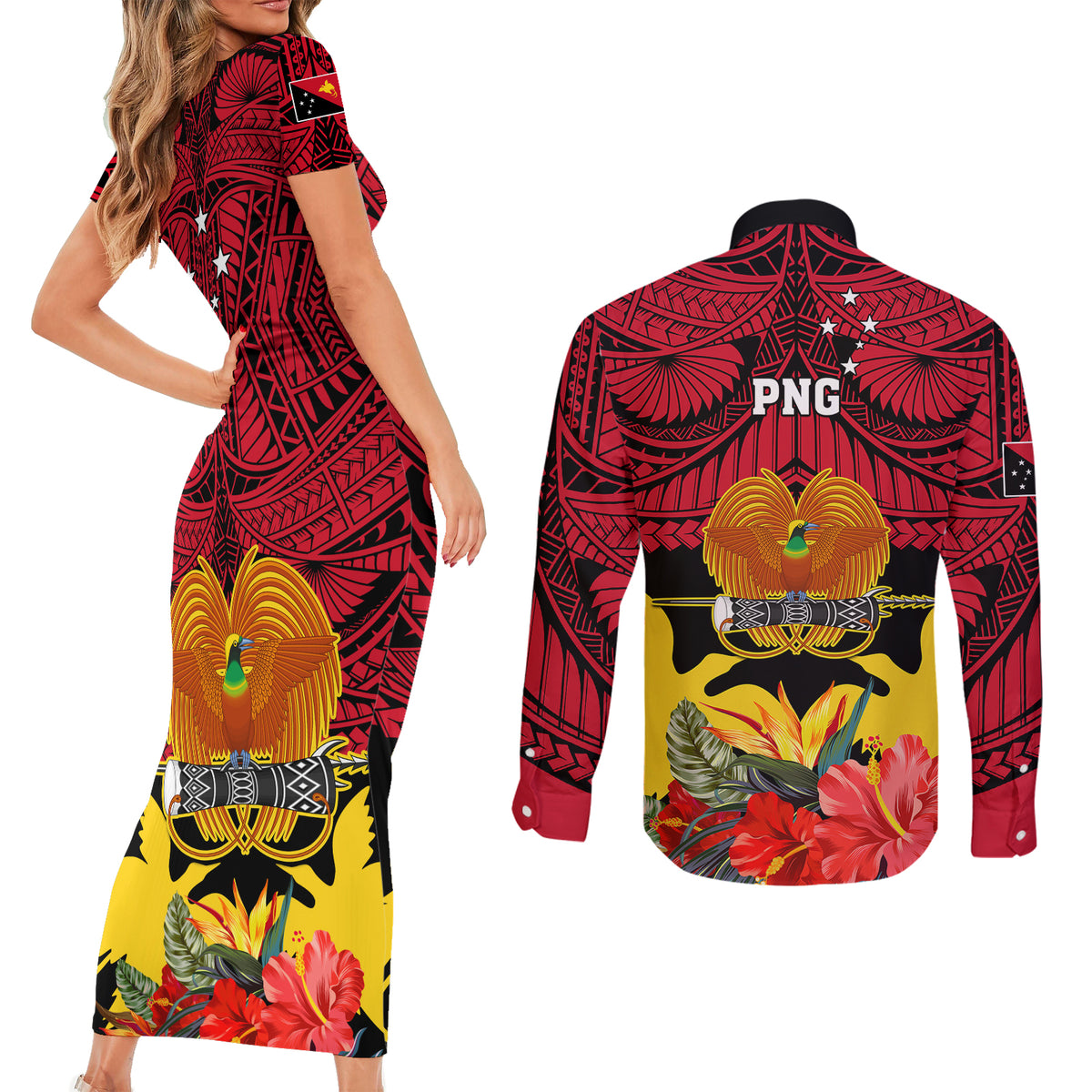 Papua New Guinea Couples Matching Short Sleeve Bodycon Dress and Long Sleeve Button Shirts Bird Of Paradise Mix Polynesian Pattern LT01 - Polynesian Pride