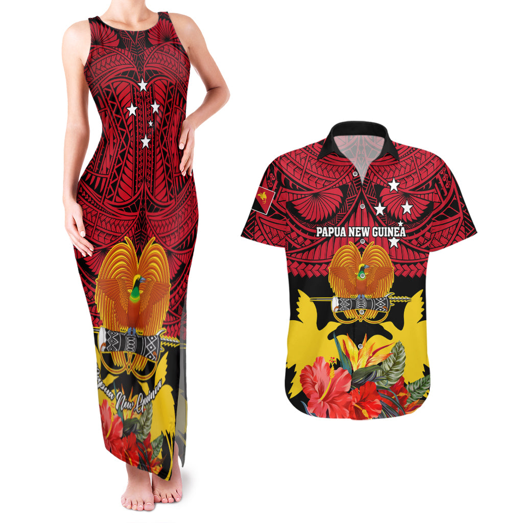 Papua New Guinea Couples Matching Tank Maxi Dress and Hawaiian Shirt Bird Of Paradise Mix Polynesian Pattern LT01 Red - Polynesian Pride