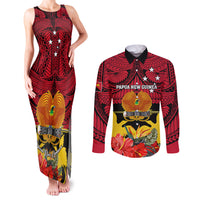 Papua New Guinea Couples Matching Tank Maxi Dress and Long Sleeve Button Shirts Bird Of Paradise Mix Polynesian Pattern LT01 Red - Polynesian Pride