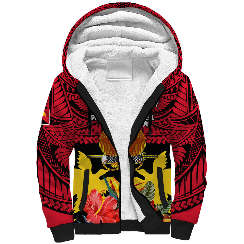 Papua New Guinea Sherpa Hoodie Bird Of Paradise Mix Polynesian Pattern LT01 Unisex Red - Polynesian Pride