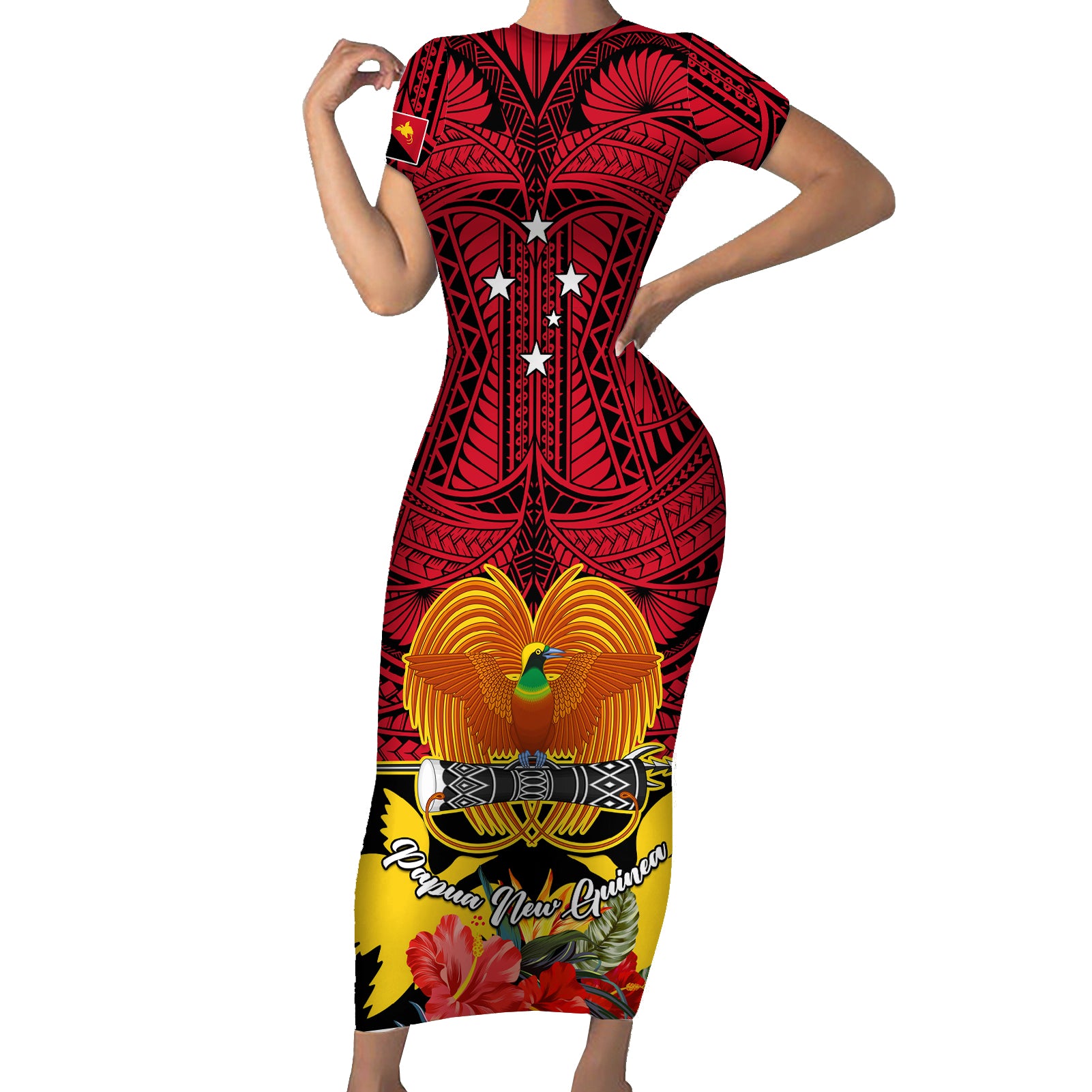 Papua New Guinea Short Sleeve Bodycon Dress Bird Of Paradise Mix Polynesian Pattern LT01 Long Dress Red - Polynesian Pride