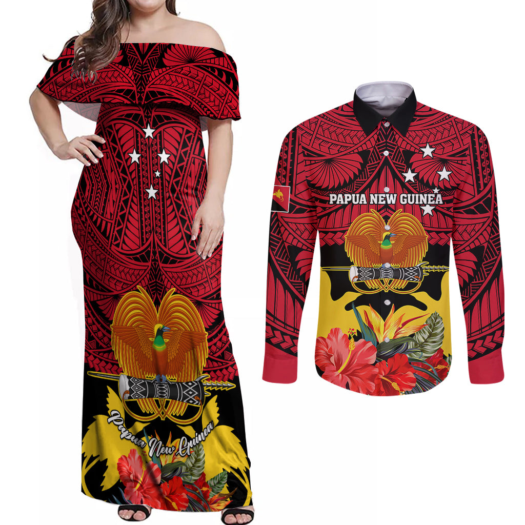 Personalised Papua New Guinea Couples Matching Off Shoulder Maxi Dress and Long Sleeve Button Shirts Bird Of Paradise Mix Polynesian Pattern LT01 Red - Polynesian Pride