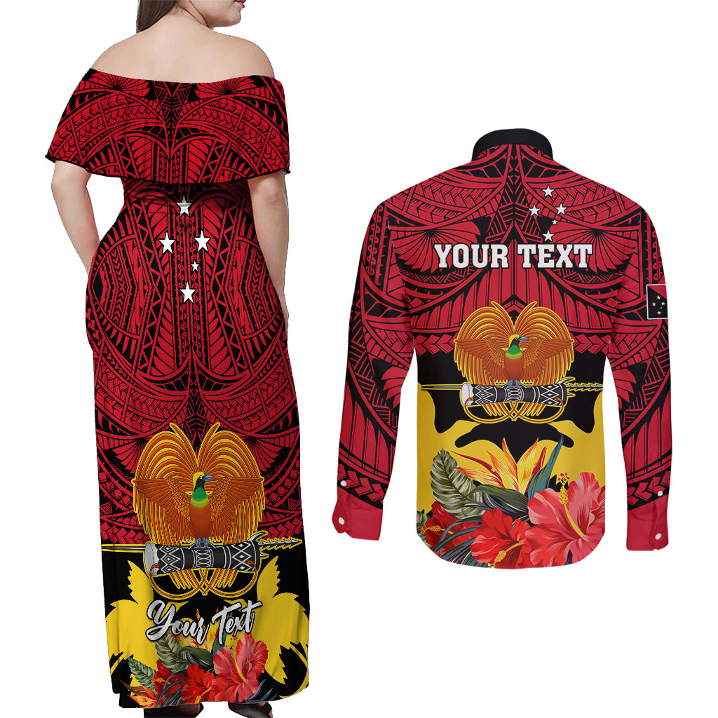 Personalised Papua New Guinea Couples Matching Off Shoulder Maxi Dress and Long Sleeve Button Shirts Bird Of Paradise Mix Polynesian Pattern LT01 - Polynesian Pride
