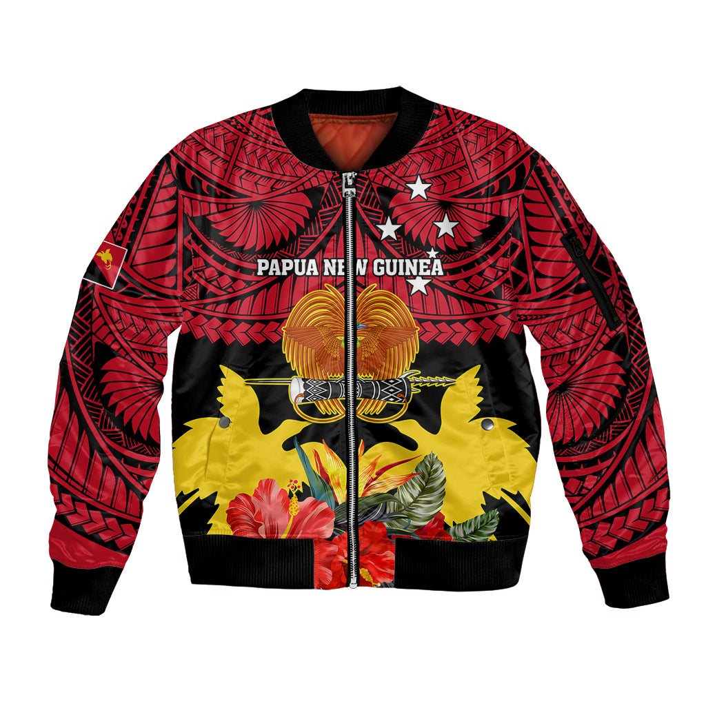 Personalised Papua New Guinea Sleeve Zip Bomber Jacket Bird Of Paradise Mix Polynesian Pattern LT01 Unisex Red - Polynesian Pride
