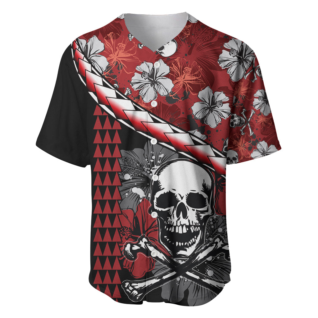 Hawaii Halloween Baseball Jersey Hibiscus Skull Kakau Pattern LT01 Red - Polynesian Pride