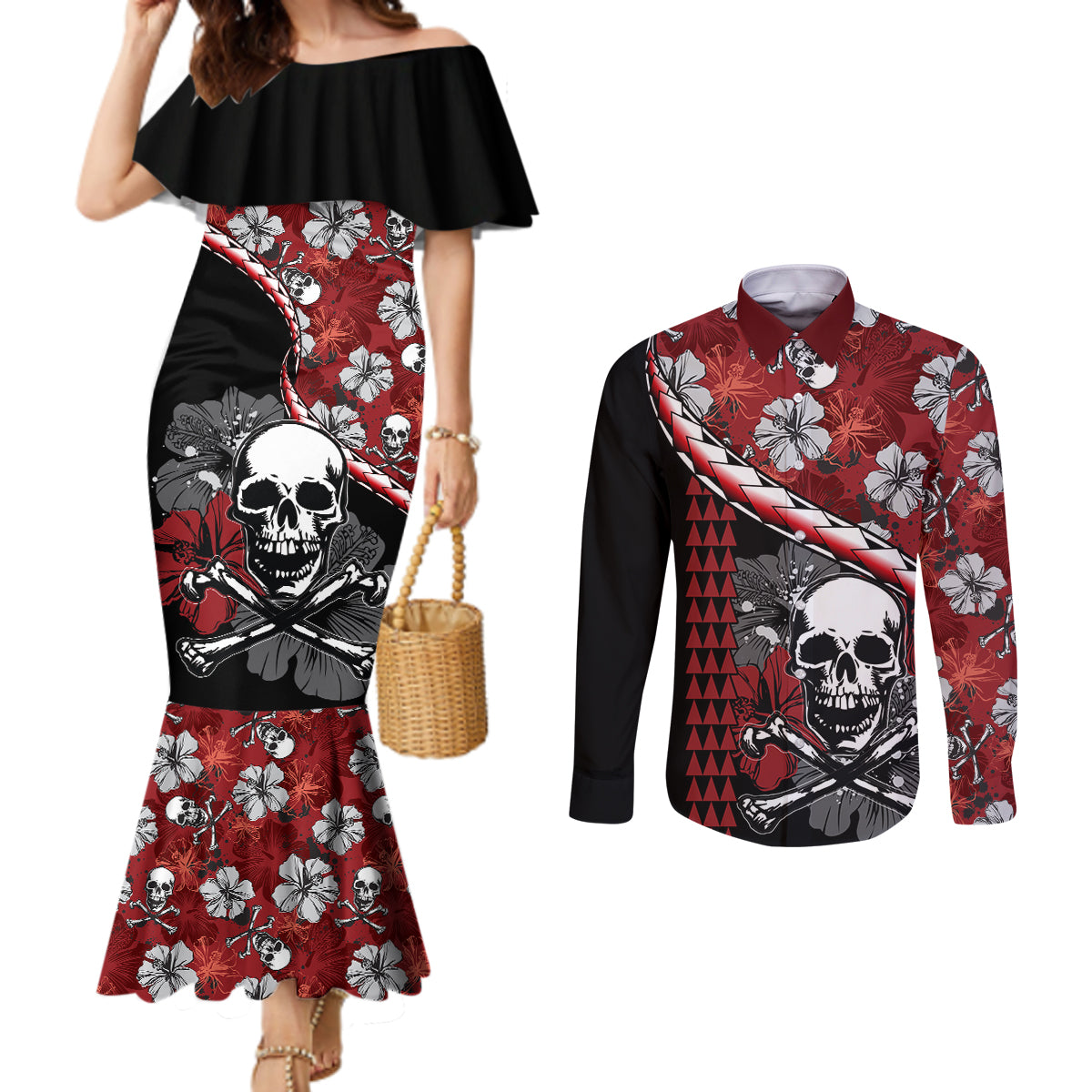 Hawaii Halloween Couples Matching Mermaid Dress and Long Sleeve Button Shirts Hibiscus Skull Kakau Pattern LT01 Red - Polynesian Pride