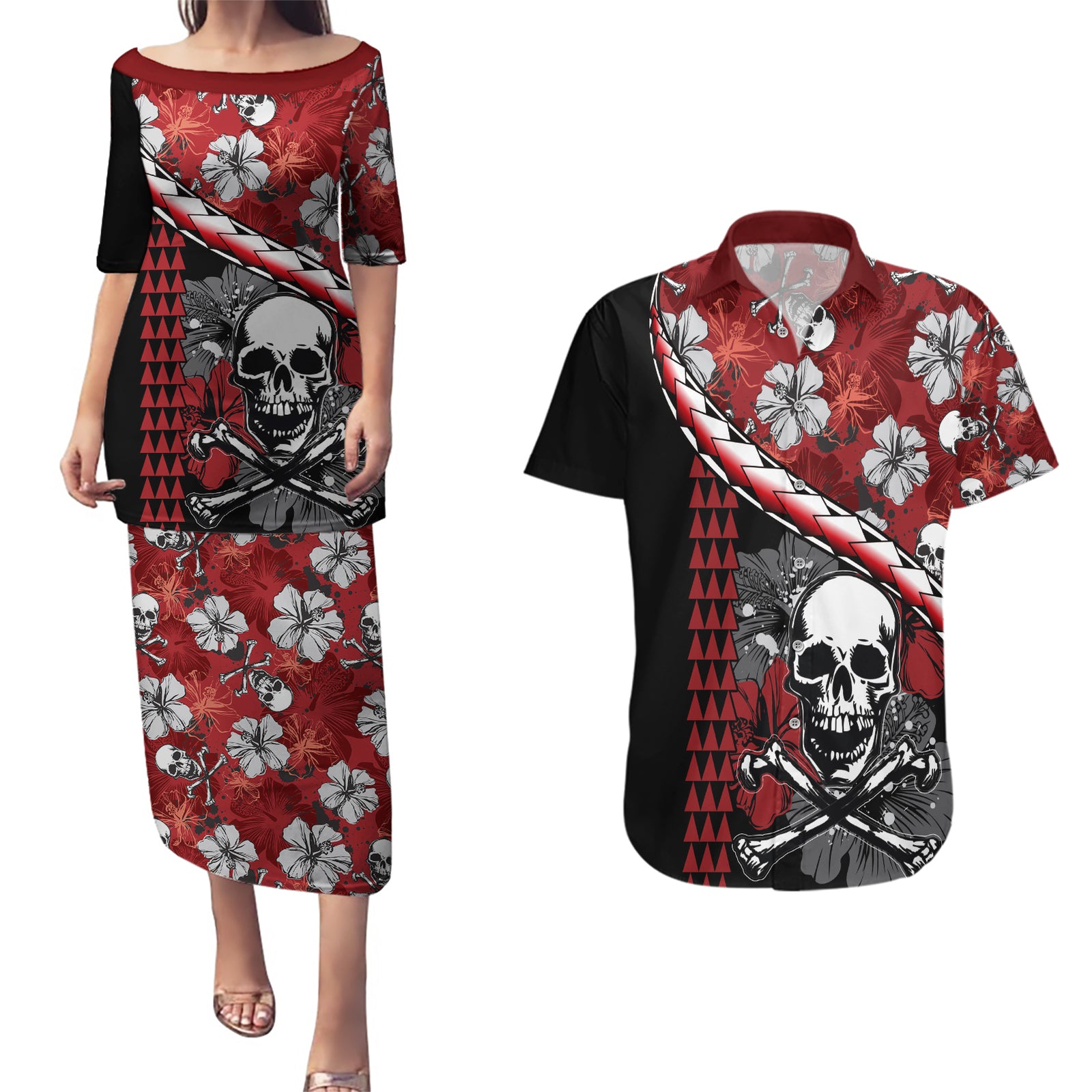Hawaii Halloween Couples Matching Puletasi Dress and Hawaiian Shirt Hibiscus Skull Kakau Pattern LT01 Red - Polynesian Pride