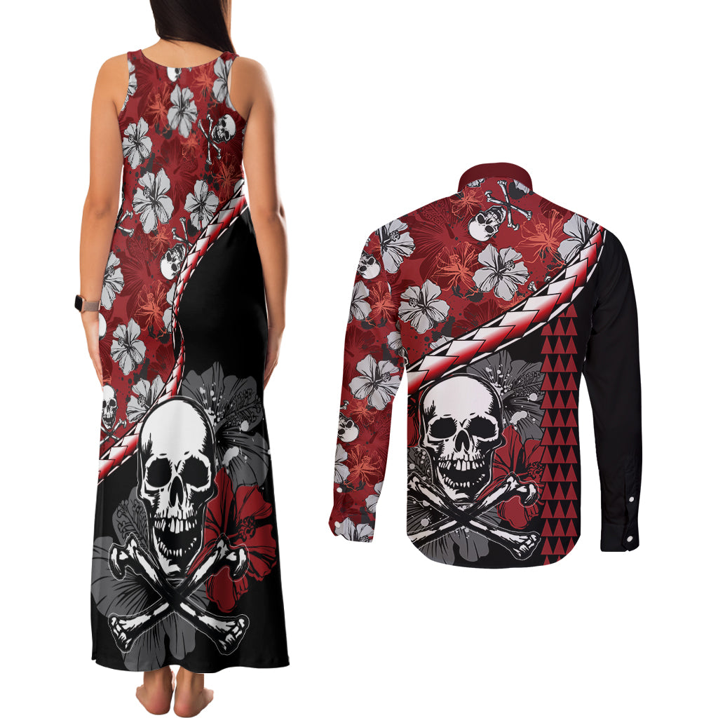 Hawaii Halloween Couples Matching Tank Maxi Dress and Long Sleeve Button Shirts Hibiscus Skull Kakau Pattern LT01 - Polynesian Pride