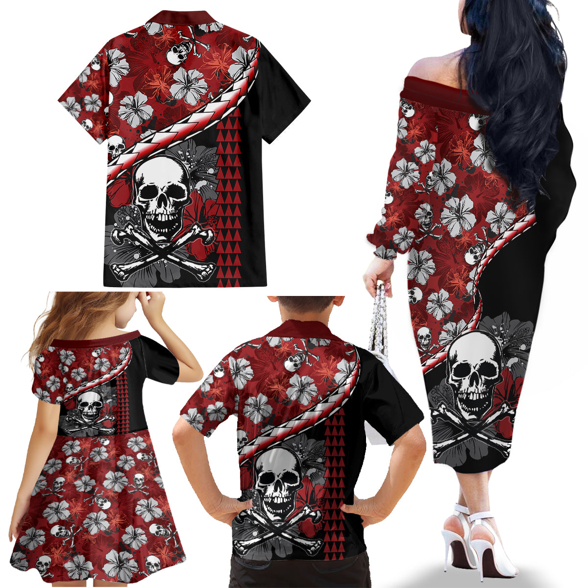 Hawaii Halloween Family Matching Off Shoulder Long Sleeve Dress and Hawaiian Shirt Hibiscus Skull Kakau Pattern LT01 - Polynesian Pride