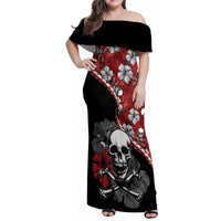 Hawaii Halloween Family Matching Off Shoulder Maxi Dress and Hawaiian Shirt Hibiscus Skull Kakau Pattern LT01 Mom's Dress Red - Polynesian Pride