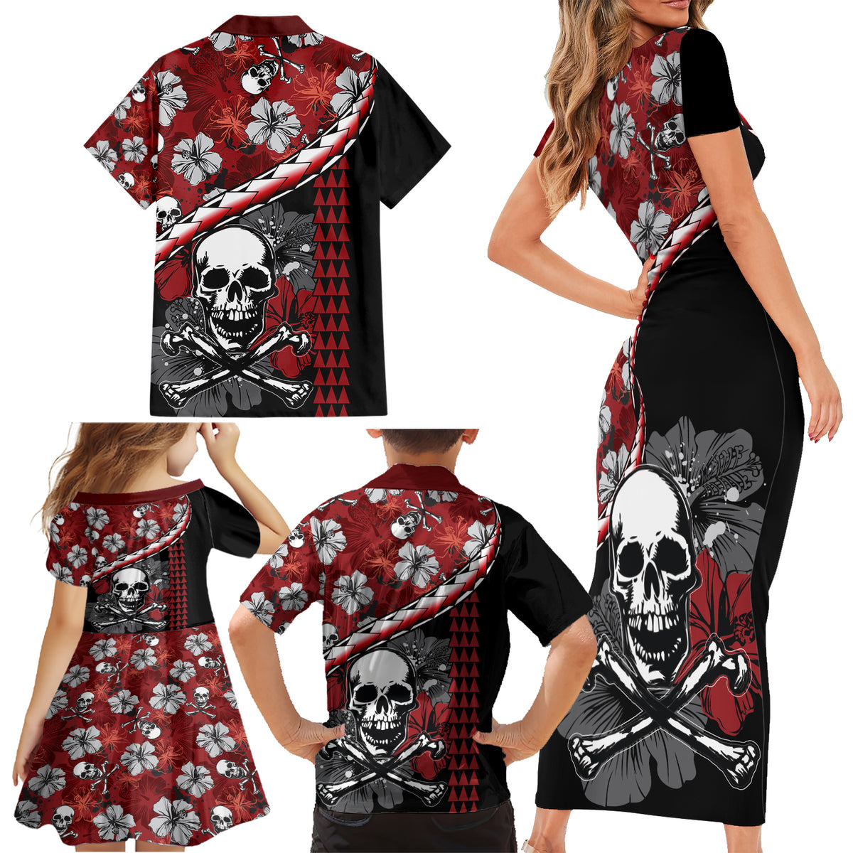 Hawaii Halloween Family Matching Short Sleeve Bodycon Dress and Hawaiian Shirt Hibiscus Skull Kakau Pattern LT01 - Polynesian Pride