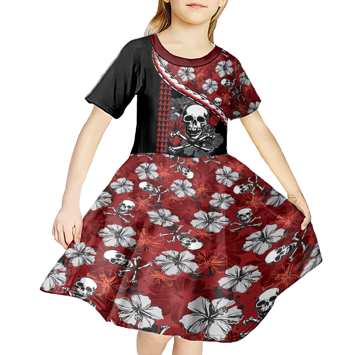 Hawaii Halloween Kid Short Sleeve Dress Hibiscus Skull Kakau Pattern LT01 - Polynesian Pride