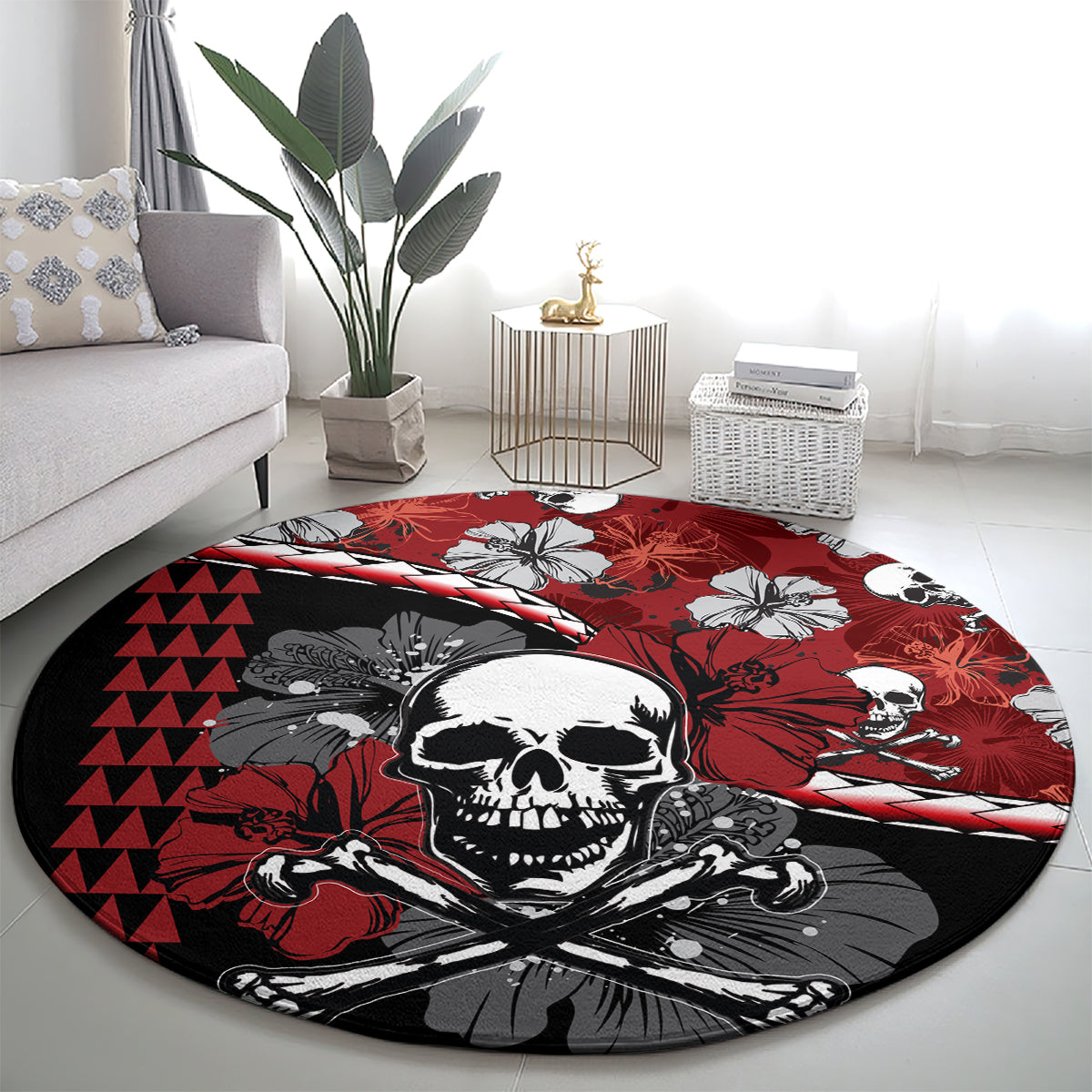 Hawaii Halloween Round Carpet Hibiscus Skull Kakau Pattern LT01 - Polynesian Pride