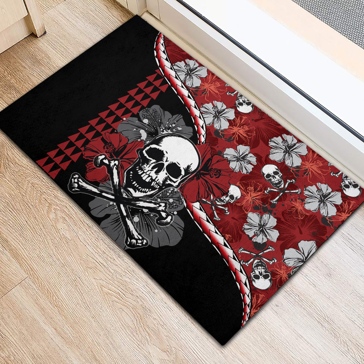 Hawaii Halloween Rubber Doormat Hibiscus Skull Kakau Pattern LT01 - Polynesian Pride