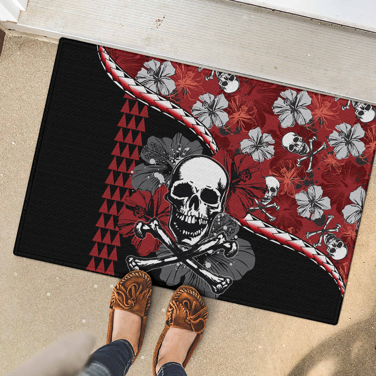 Hawaii Halloween Rubber Doormat Hibiscus Skull Kakau Pattern LT01 - Polynesian Pride